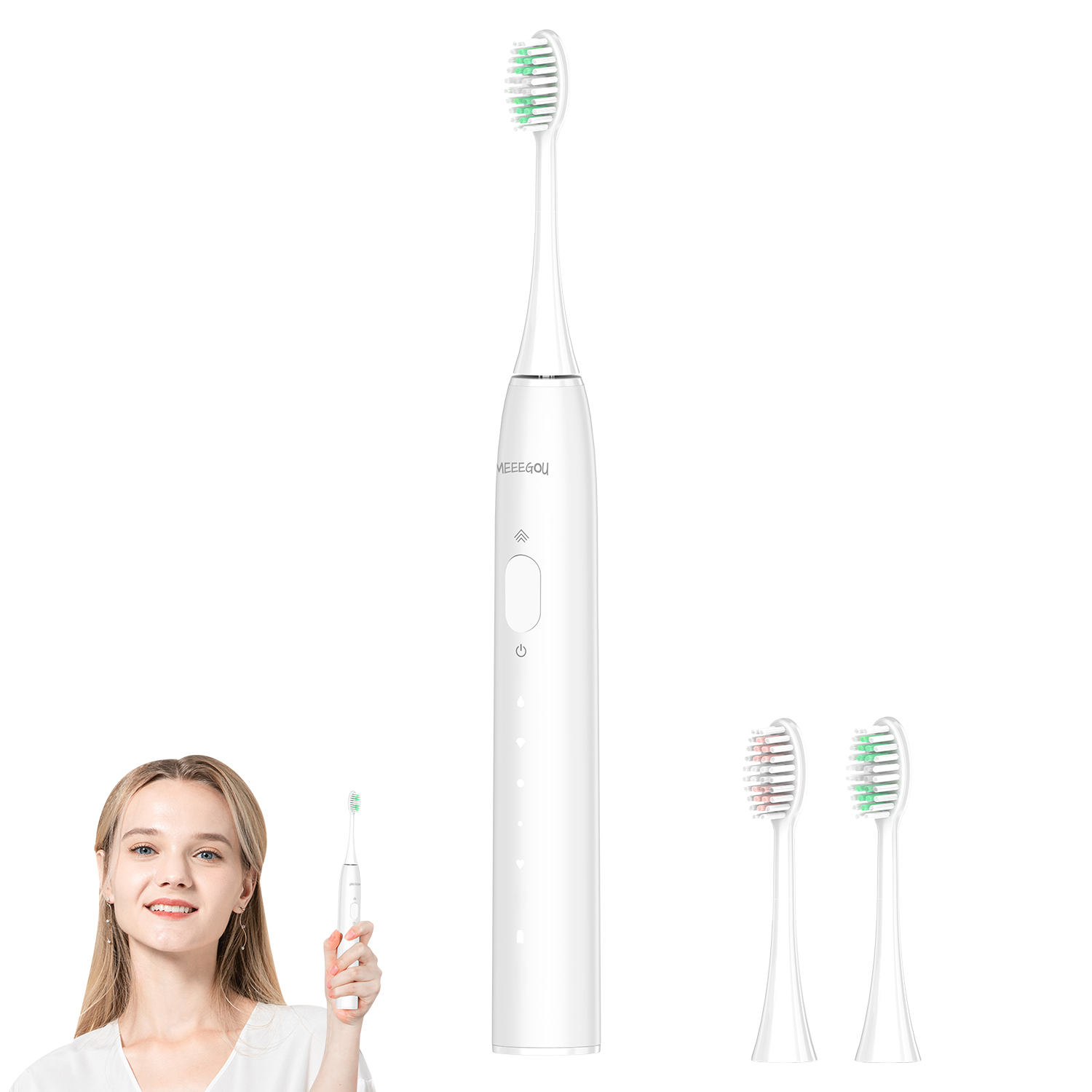 MEEEGOU Cepillo de dientes eléctrico sónico con cabezales de cepillo Dupont, motor de accionamiento doble, 5 modos, 3 intensidades, una carga durante 180 días, IPX7 para adultos y niños, blanco
